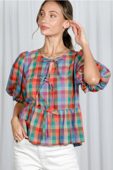 Plaid Front Tie Top