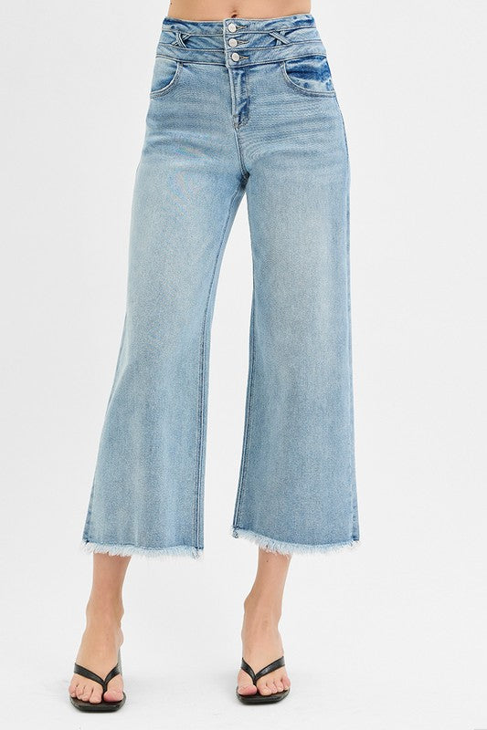 Risen High Rise Crop Wide Band Detail Jeans