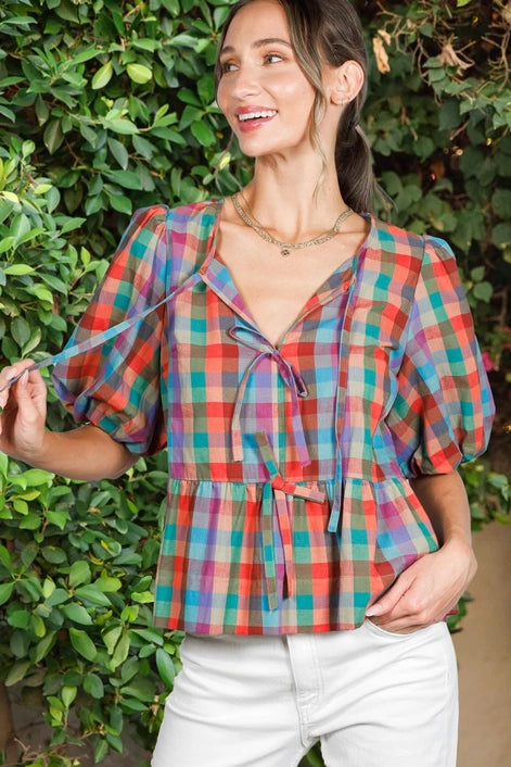 Plaid Front Tie Top