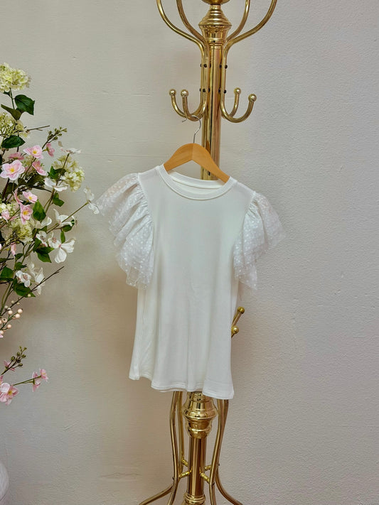 Dotty Mesh Ruffle Sleeve Ribbed Knit Top