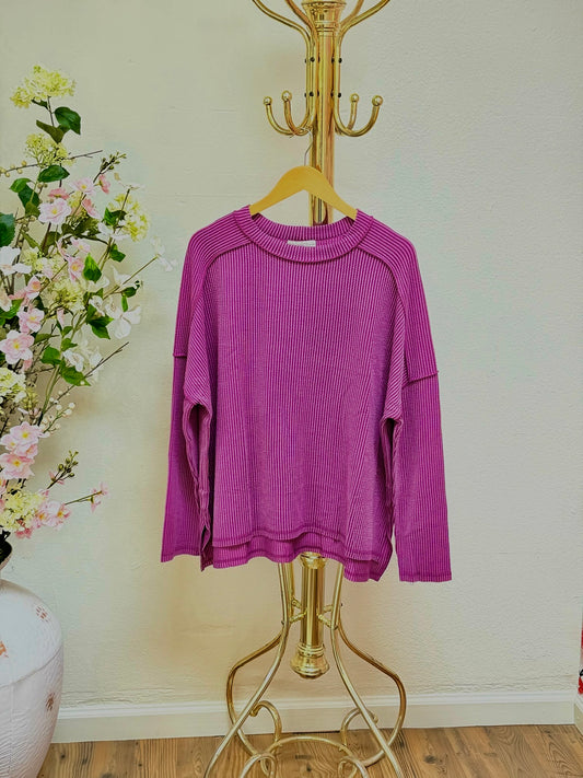 Raised Rib Boat Neck Long Sleeve Top