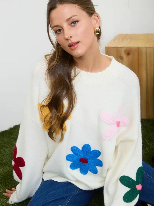 Multi-Color Crochet Floral Detail Knit Pullover