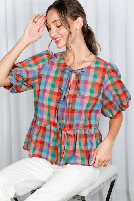 Plaid Front Tie Top