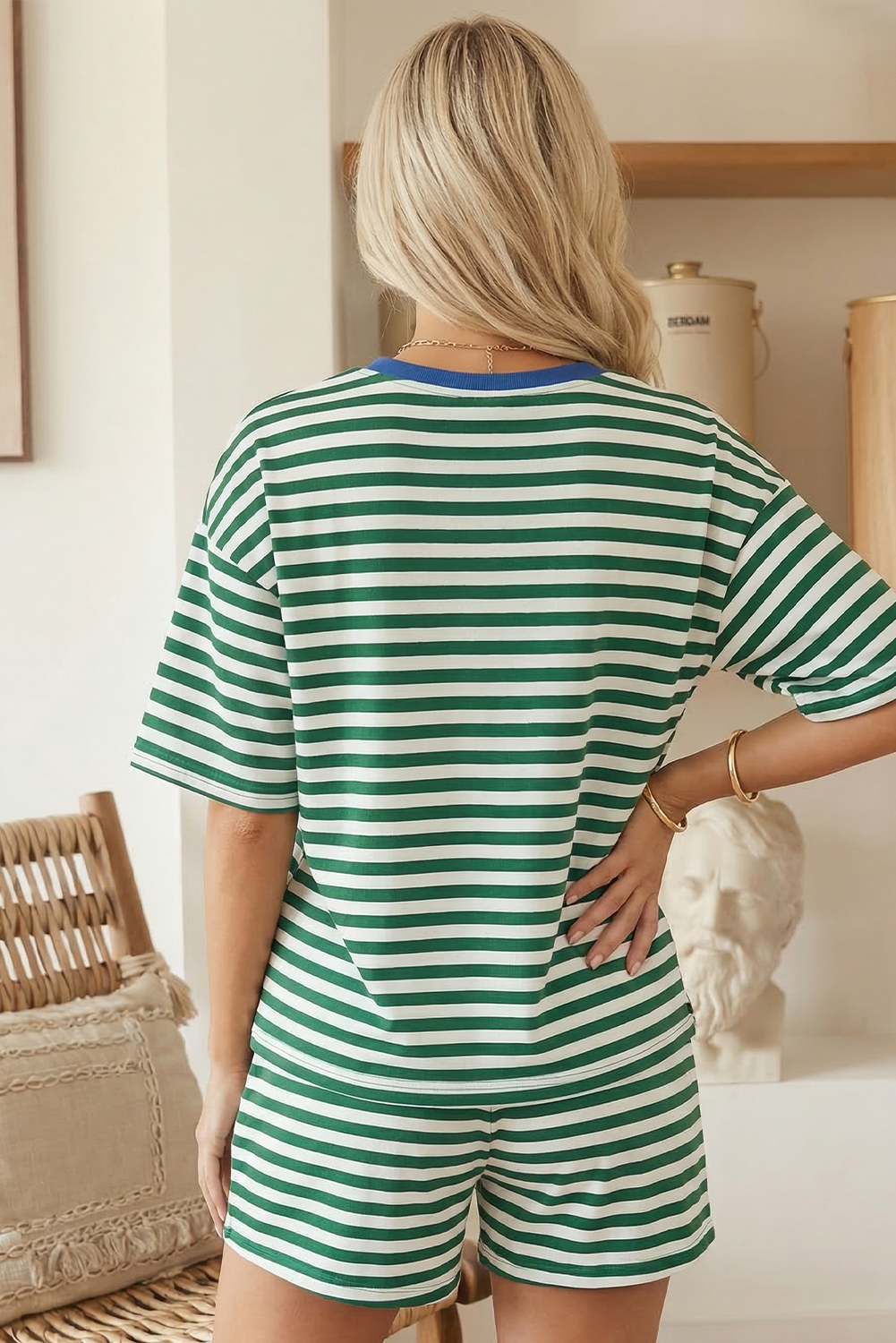 Stripe Contrast Trim Short Set