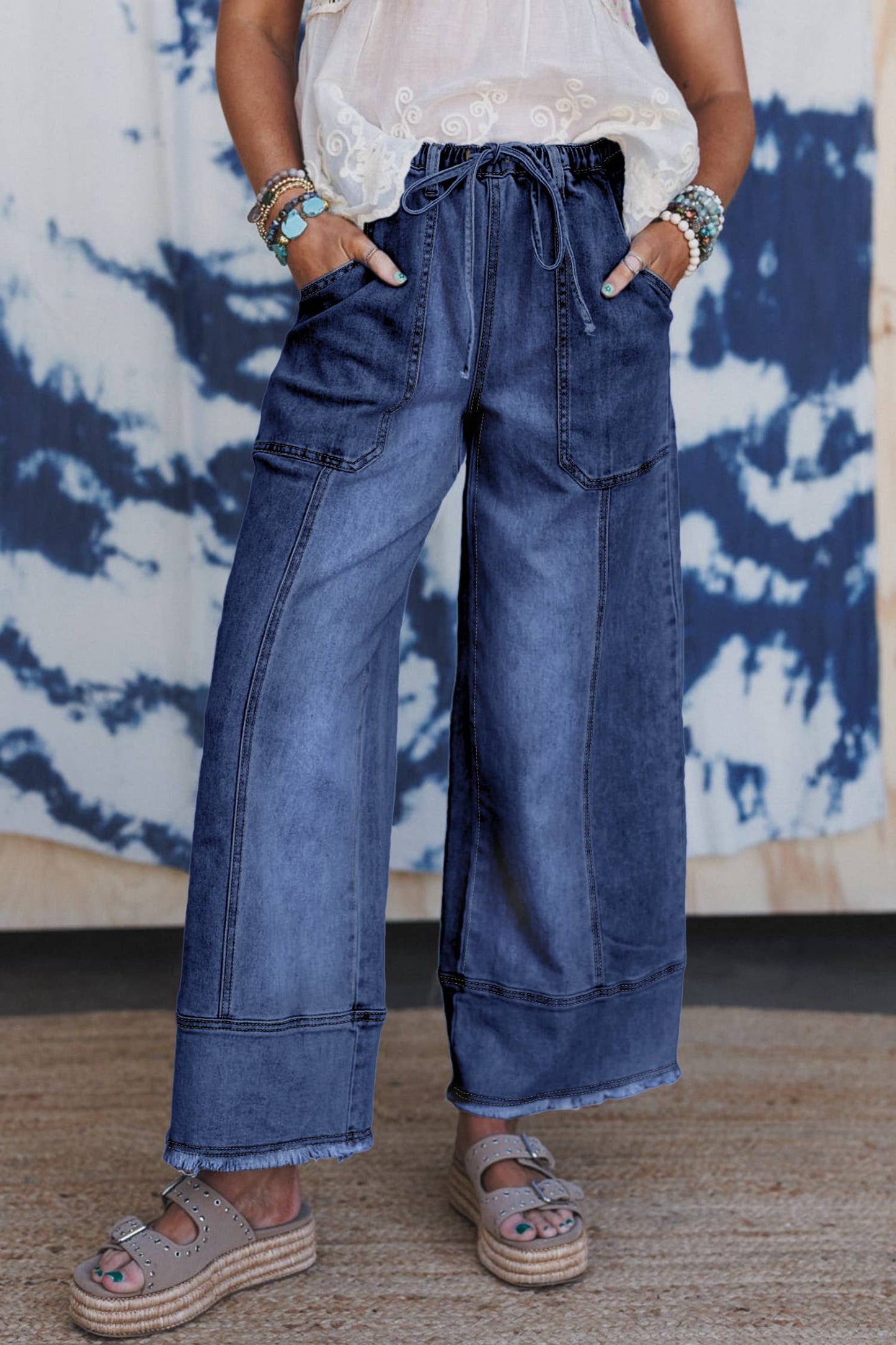 Drawstring Raw Hem Denim Pants