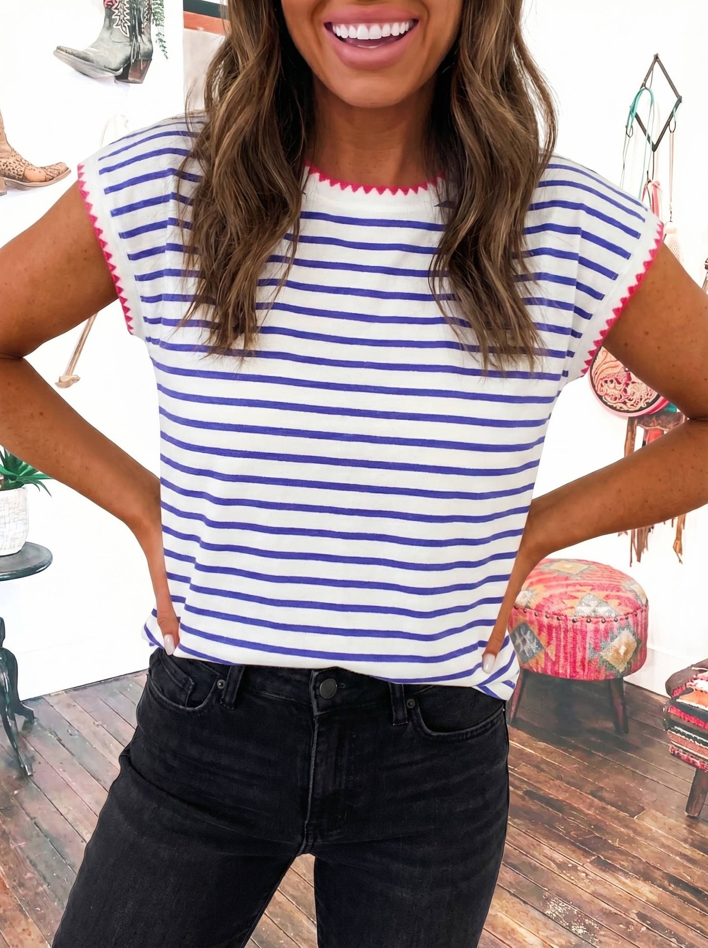 Contrast Trim Striped Tee