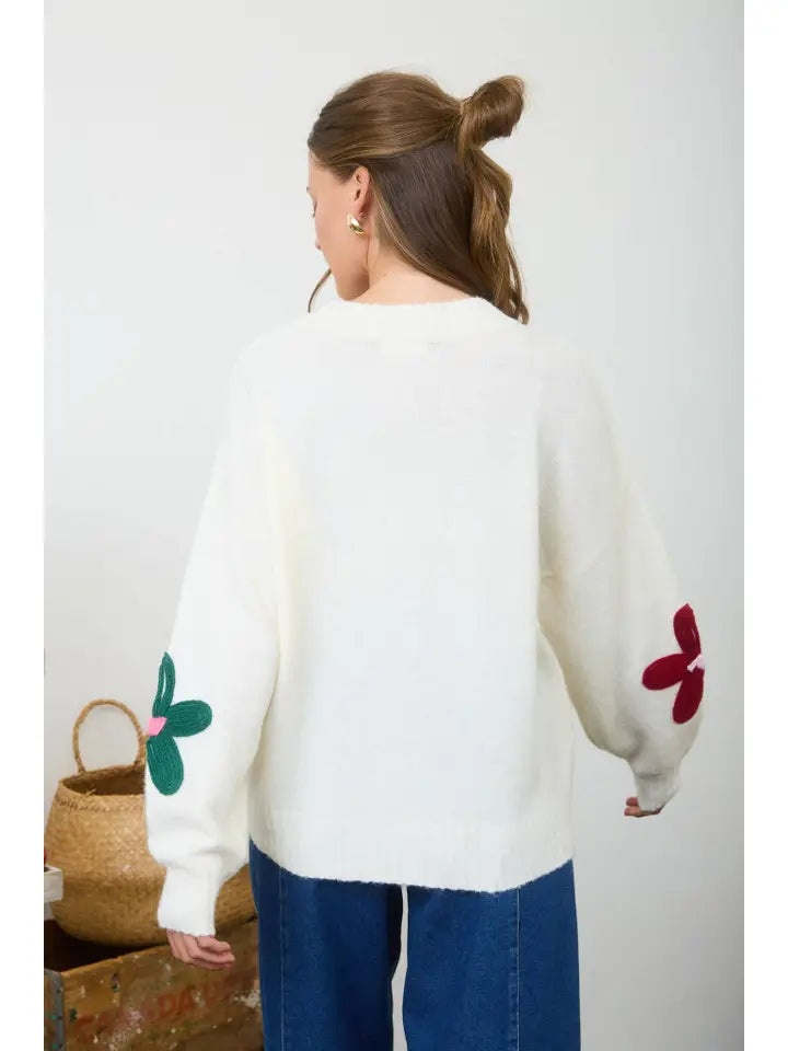 Multi-Color Crochet Floral Detail Knit Pullover