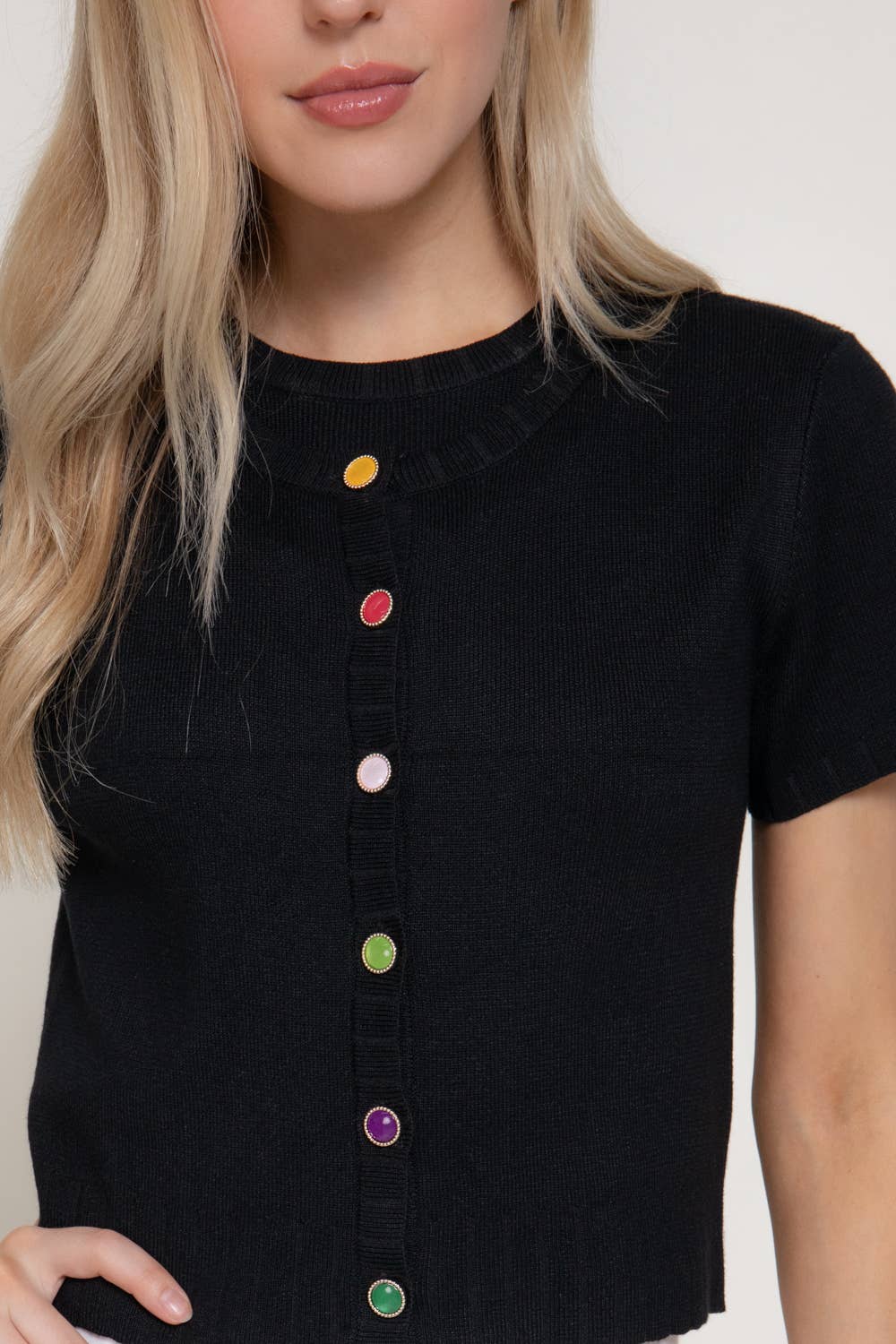 Short Sleeve Crew Neck Cardigan with Gemstone Button