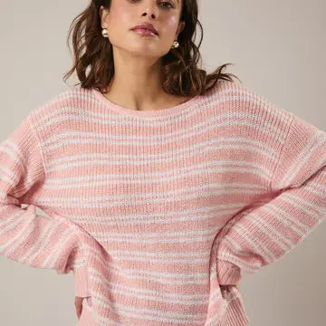 Boat Neck Long Sleeve Stripe Sweater