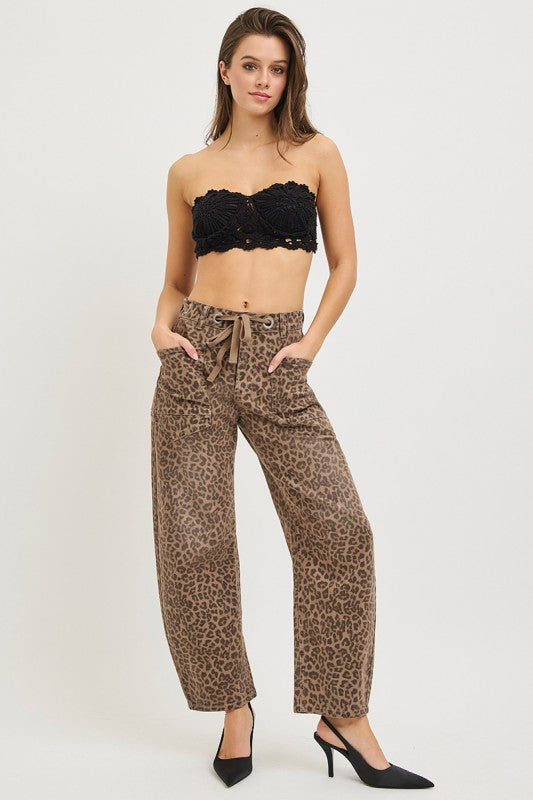 Risen Slouchy Crop Barrel Jeans w/Waistband Drawstring & Eyelet Details