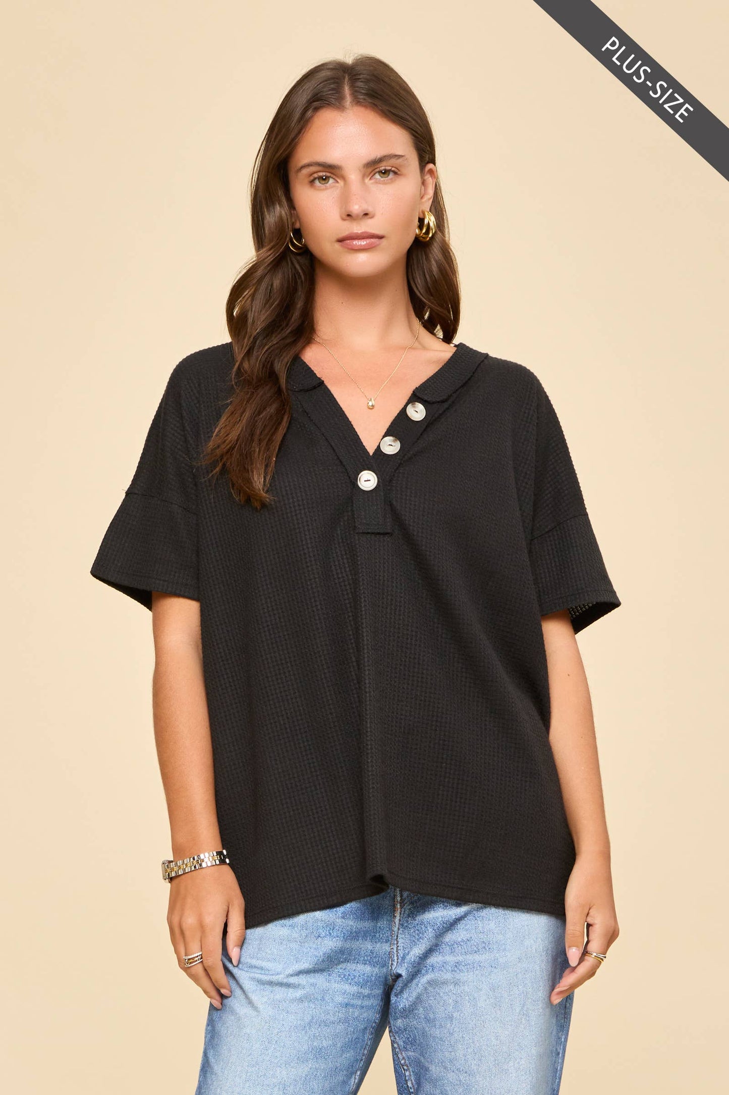 Three Button Henley Waffle Knit Top