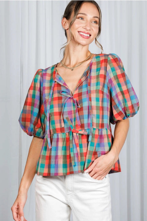 Plaid Front Tie Top