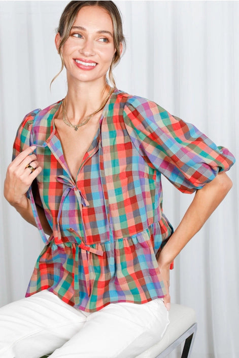 Plaid Front Tie Top