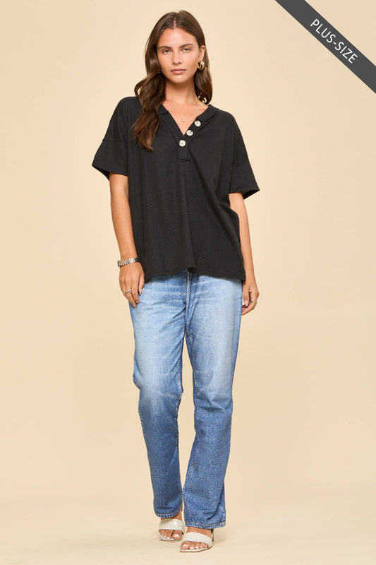 Three Button Henley Waffle Knit Top