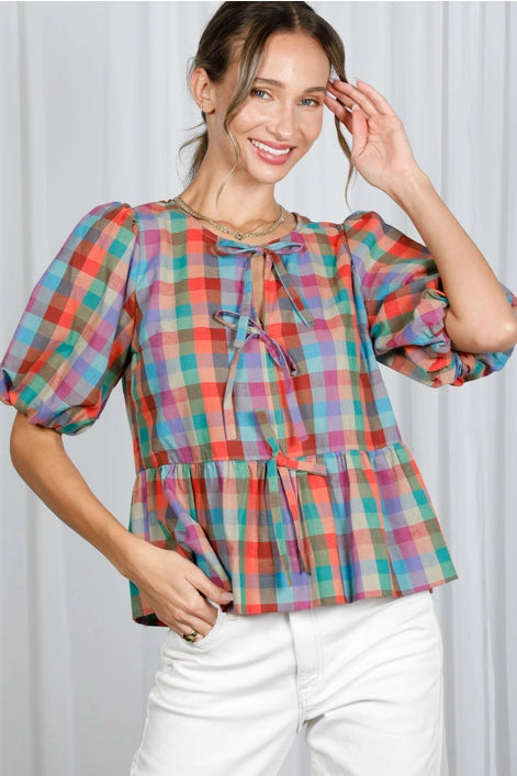 Plaid Front Tie Top
