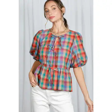 Plaid Front Tie Top