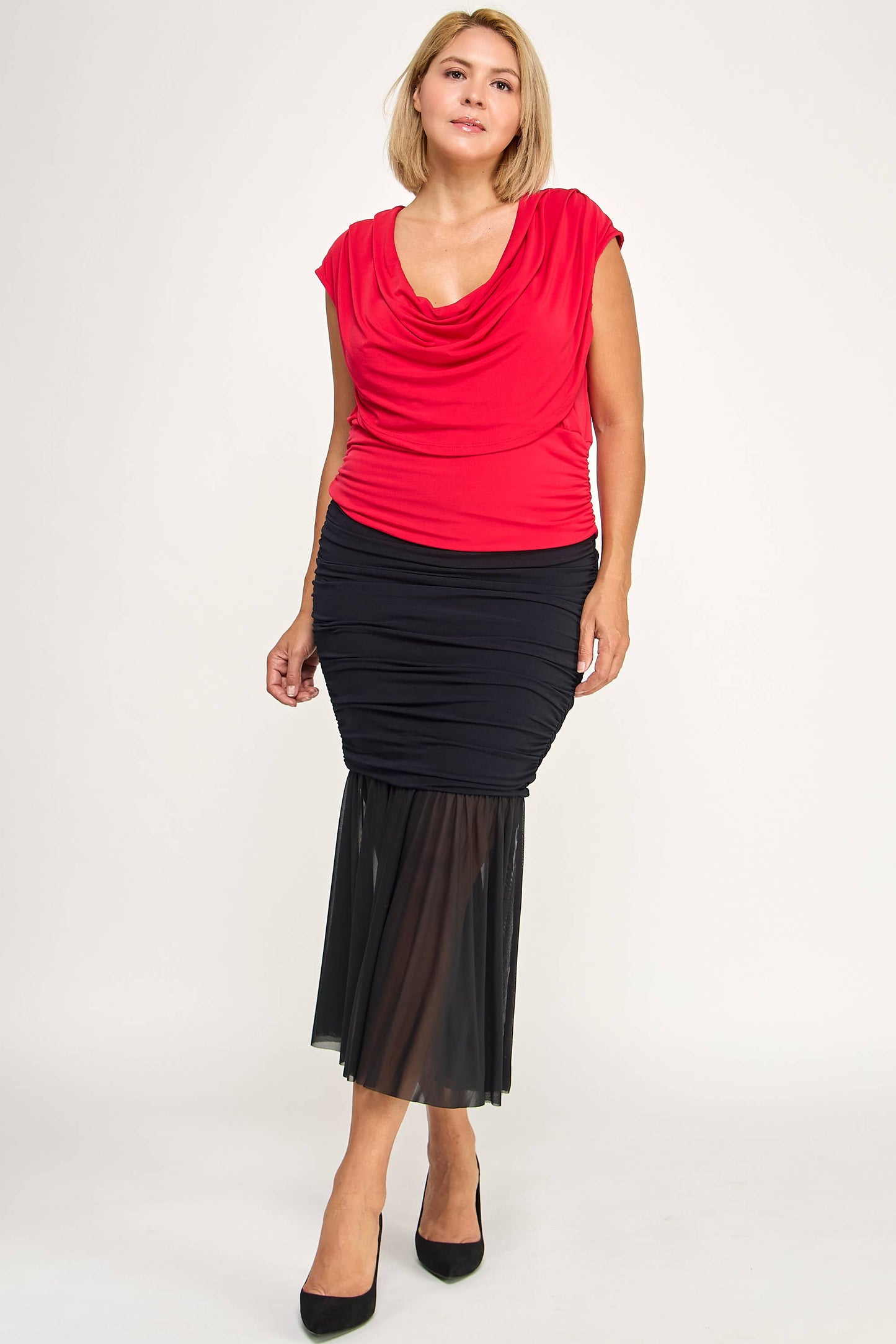 Draped Cowl Neck Cap-Sleeve Blouse