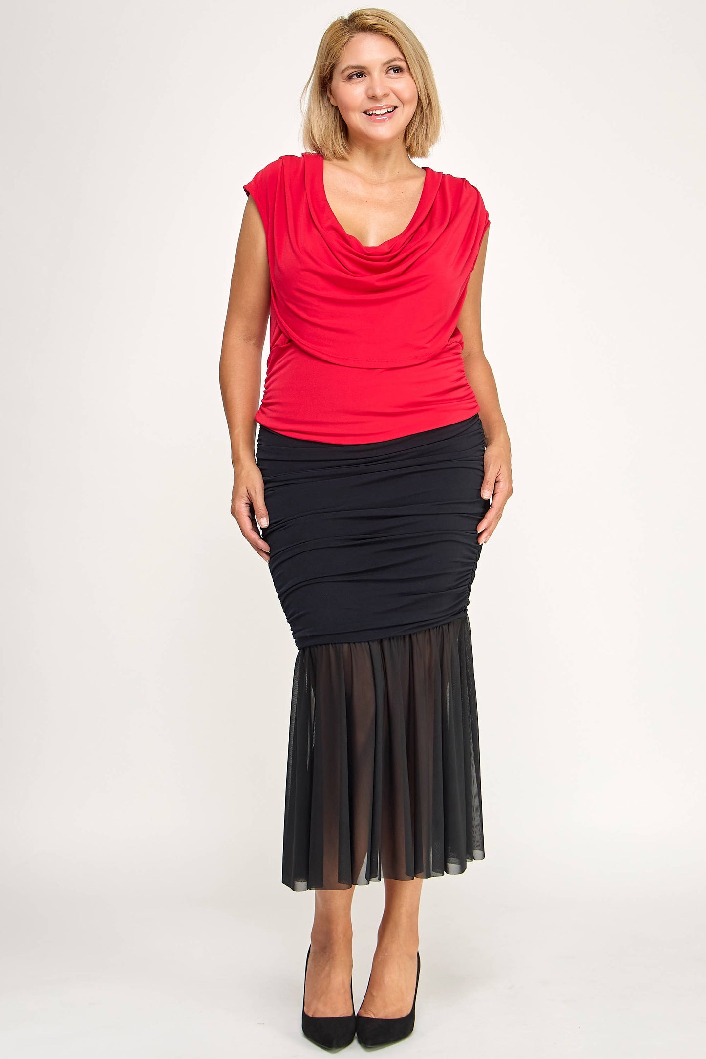 Draped Cowl Neck Cap-Sleeve Blouse