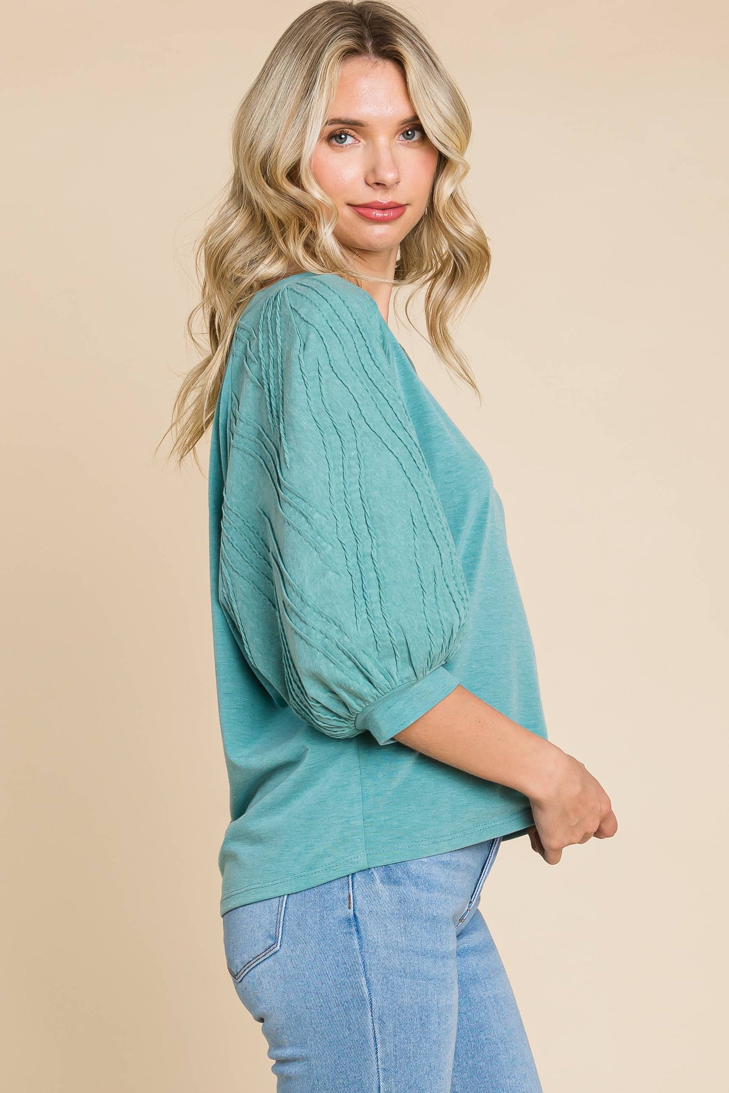 Solid Bubble Sleeve Top