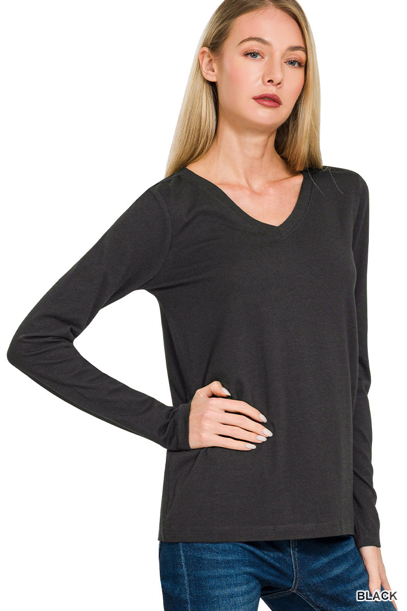 Cotton V-Neck Long Sleeve T-Shirt