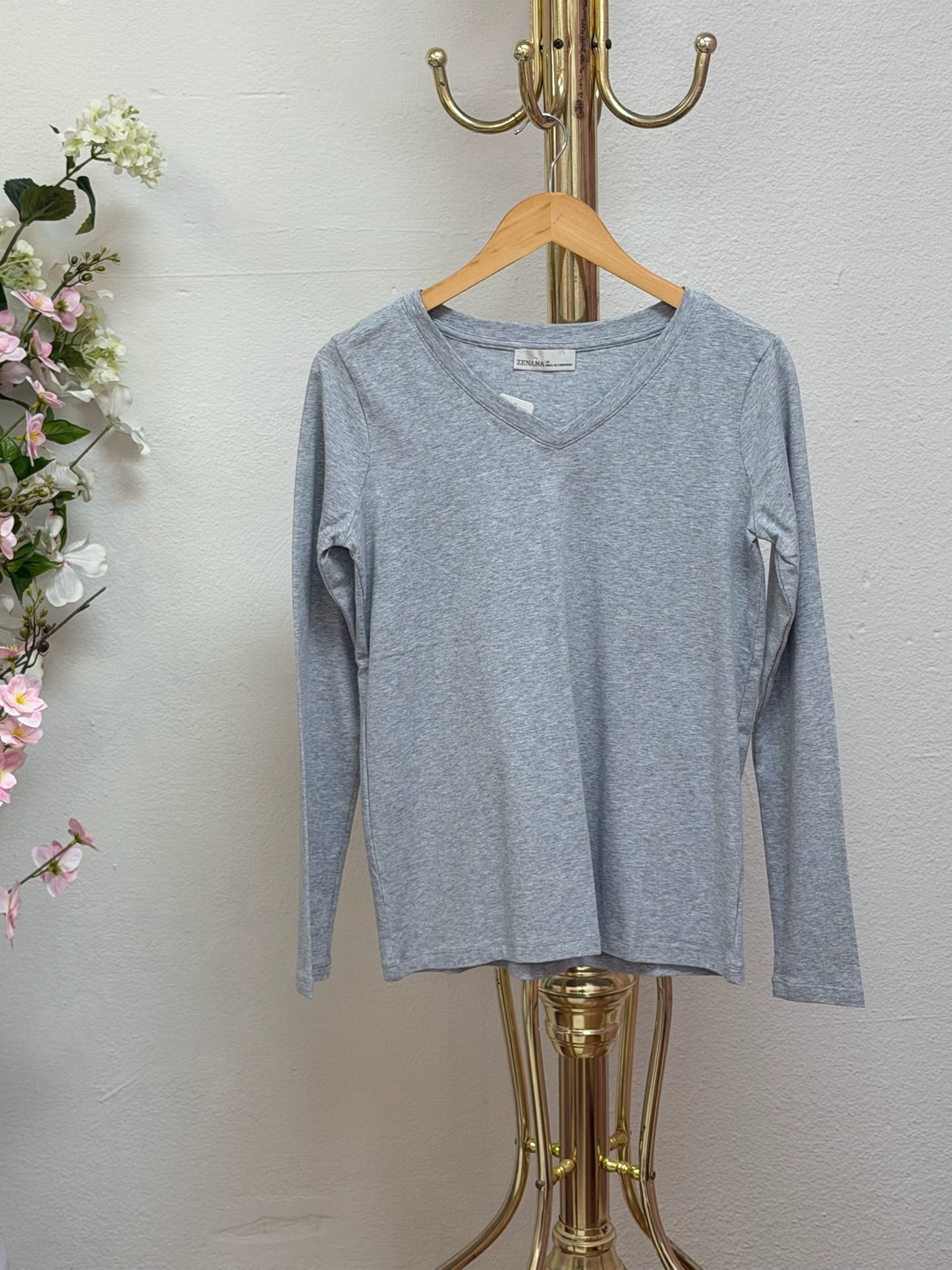 Cotton V-Neck Long Sleeve T-Shirt