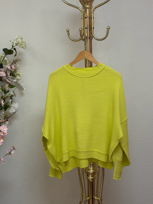 Crew Neck Long Balloon Sleeve Knitted Sweater Neon Yellow