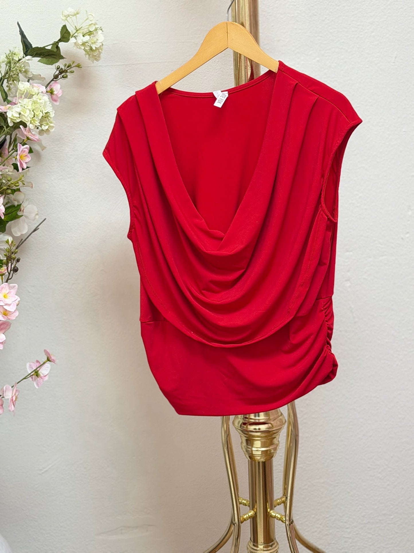 Draped Cowl Neck Cap-Sleeve Blouse