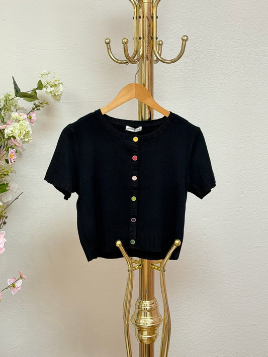 Short Sleeve Crew Neck Cardigan with Gemstone Button