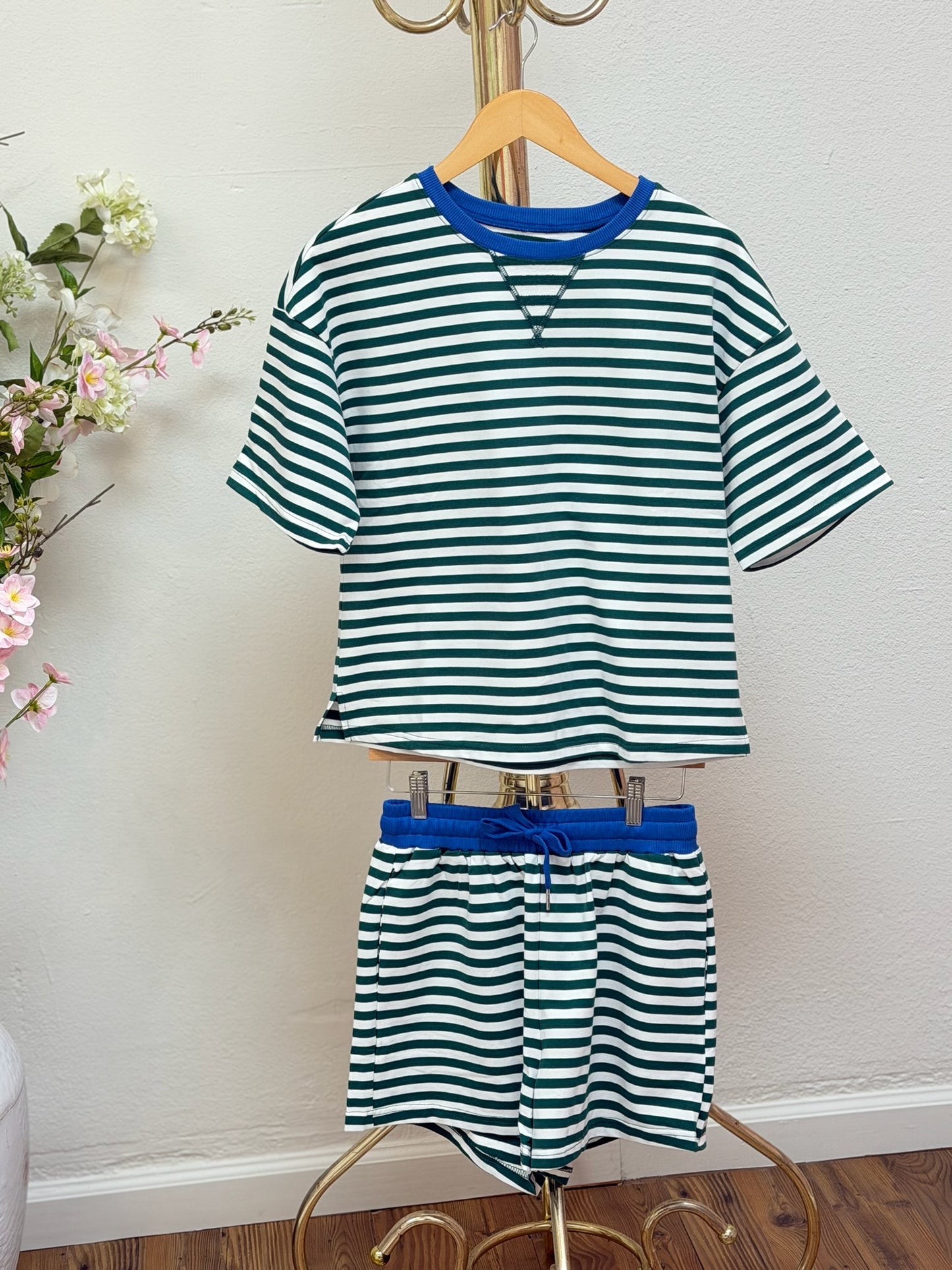 Stripe Contrast Trim Short Set