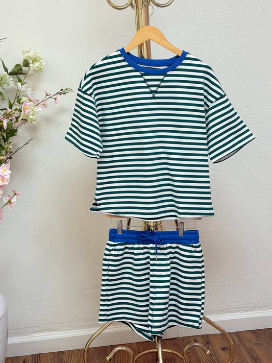 Stripe Contrast Trim Short Set