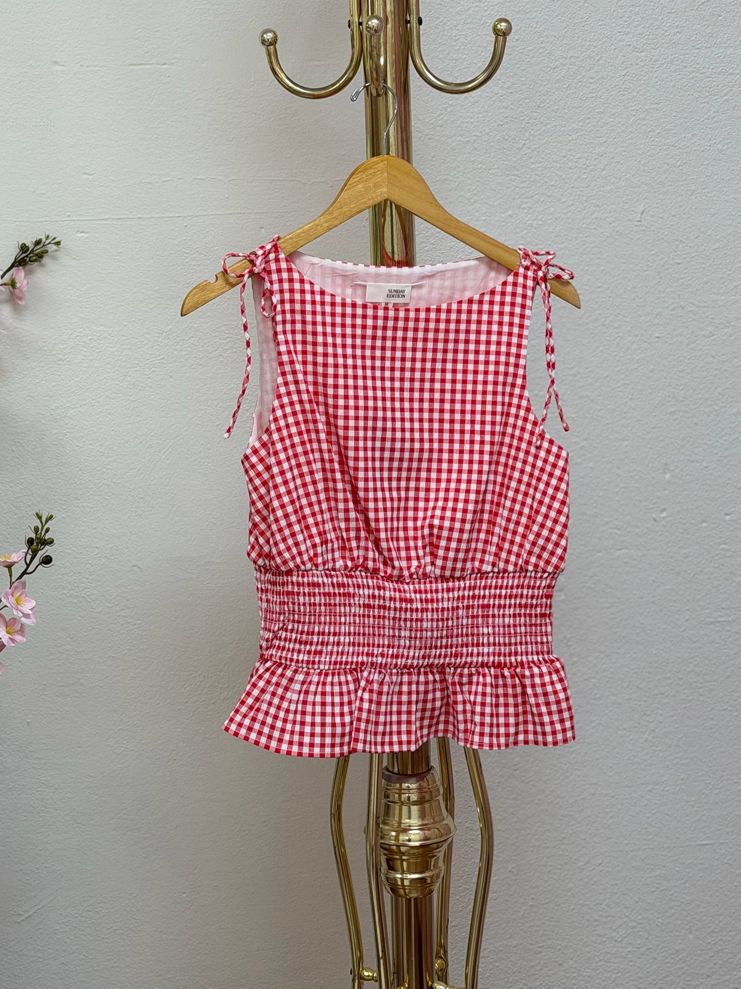 Gingham Boat Neck Smocked Top