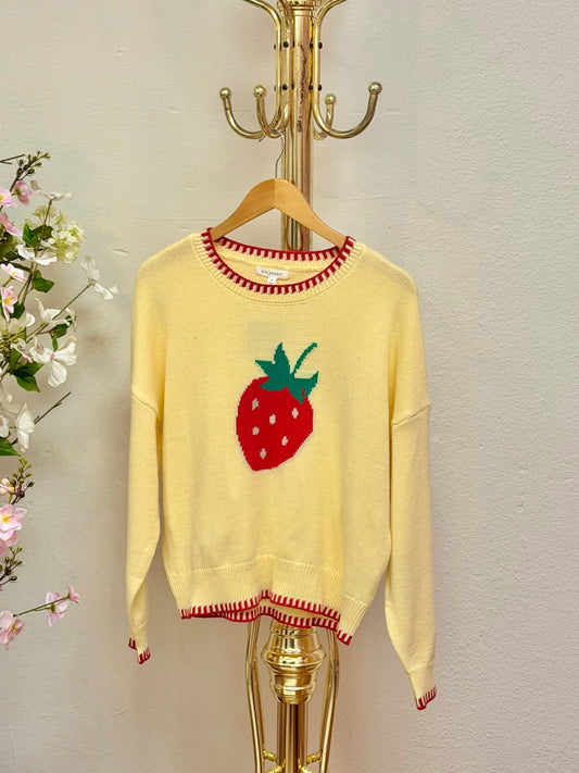 Strawberry Motif Contrast Stitch Knit Pullover