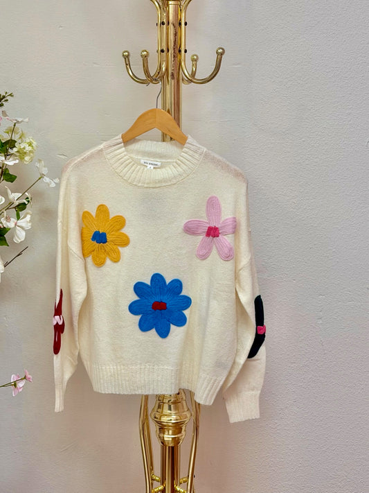 Multi-Color Crochet Floral Detail Knit Pullover