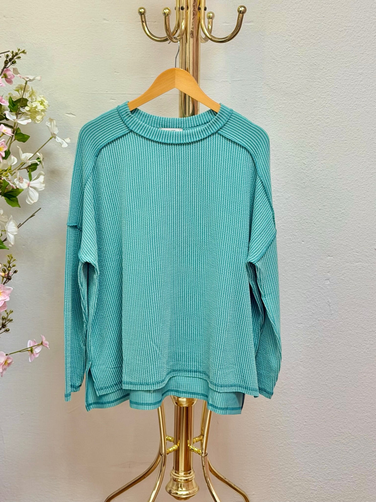 Raised Rib Boat Neck Long Sleeve Top