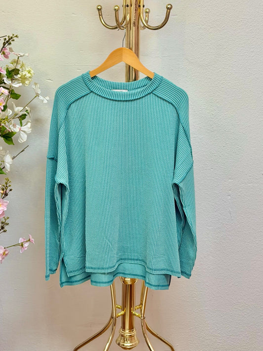 Raised Rib Boat Neck Long Sleeve Top