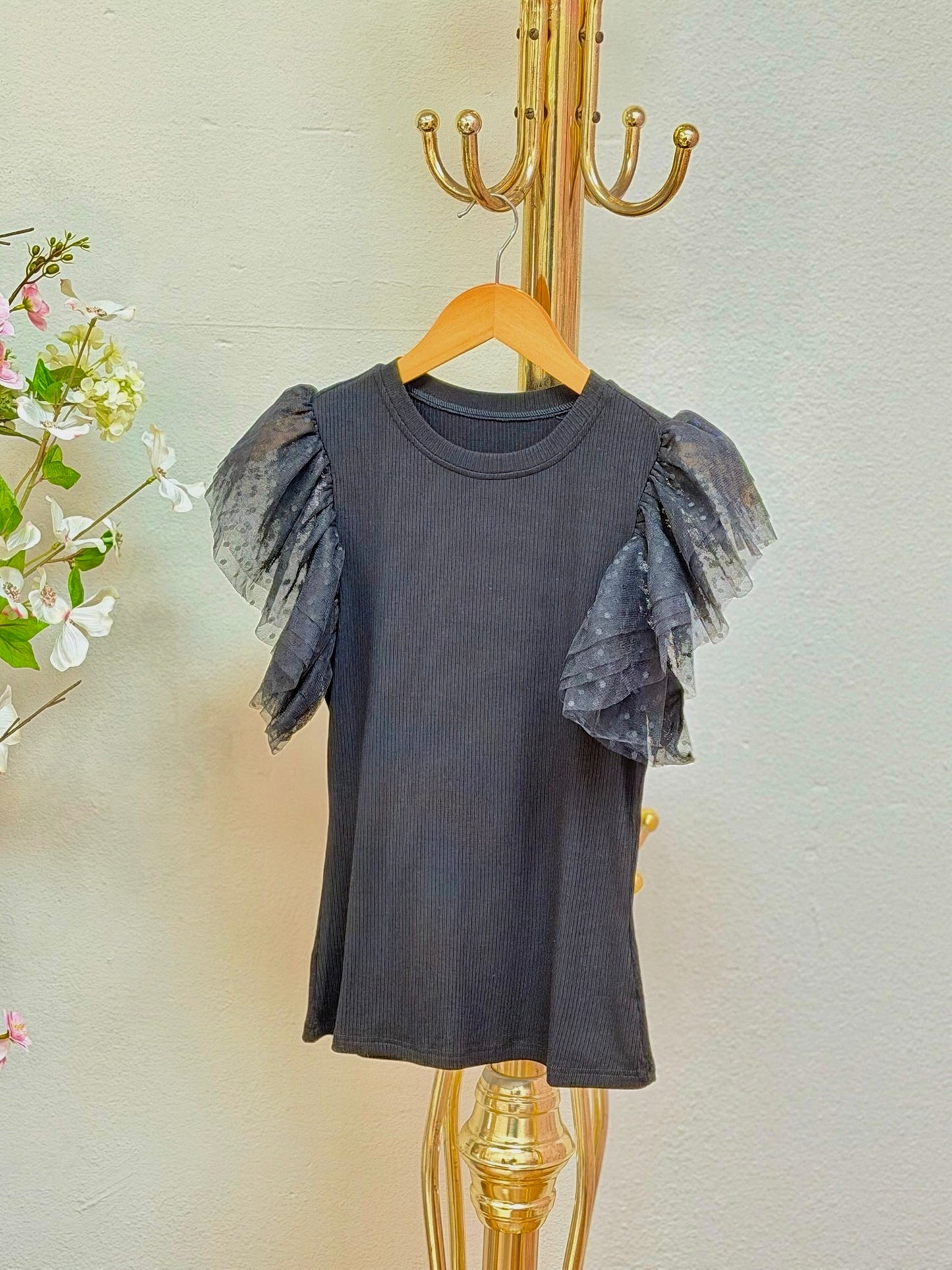 Dotty Mesh Ruffle Sleeve Ribbed Knit Top