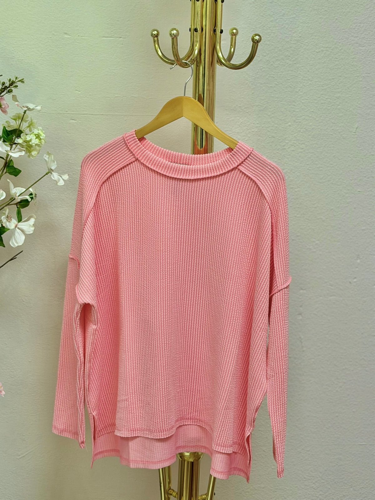 Raised Rib Boat Neck Long Sleeve Top