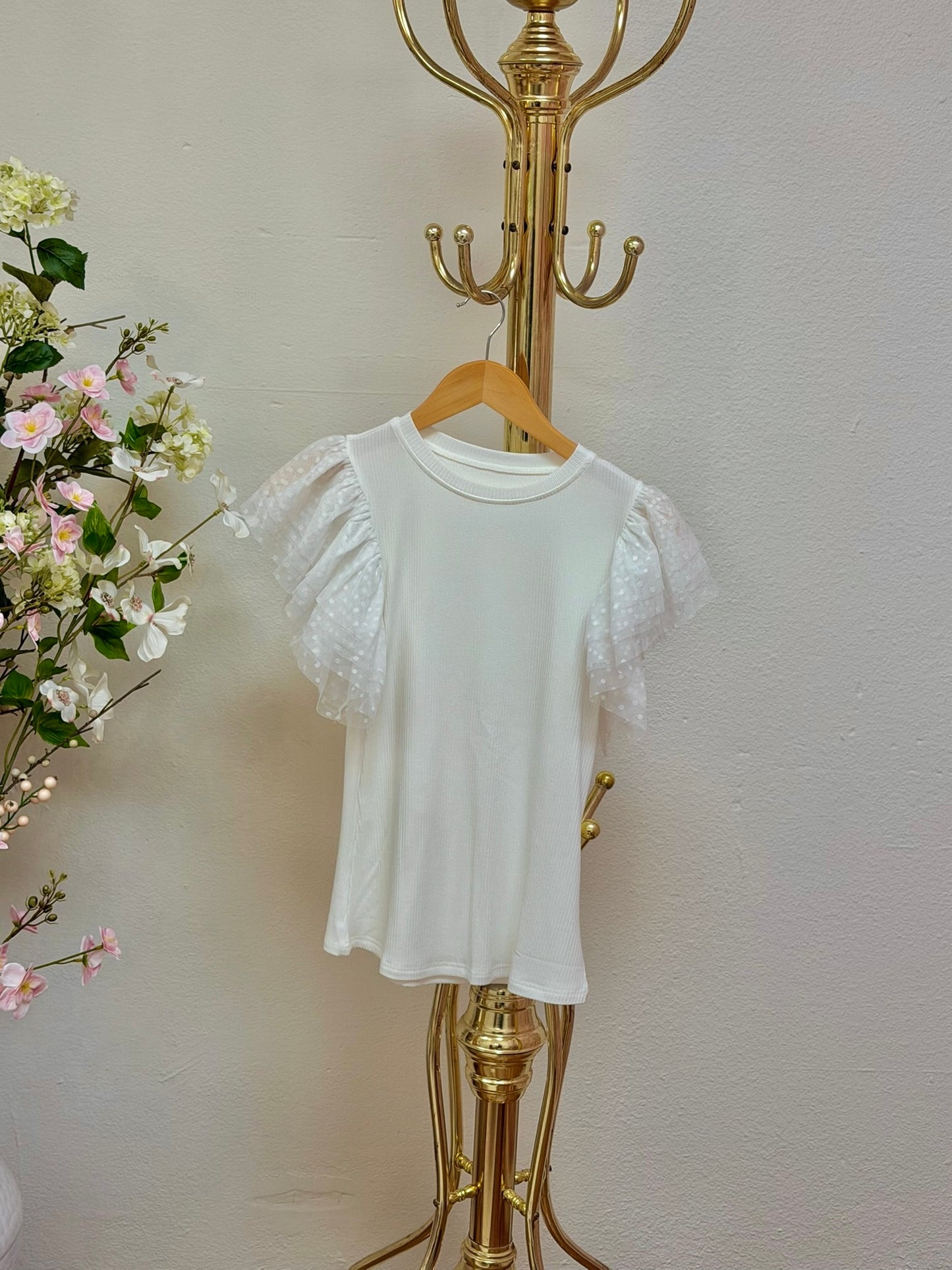 Dotty Mesh Ruffle Sleeve Ribbed Knit Top