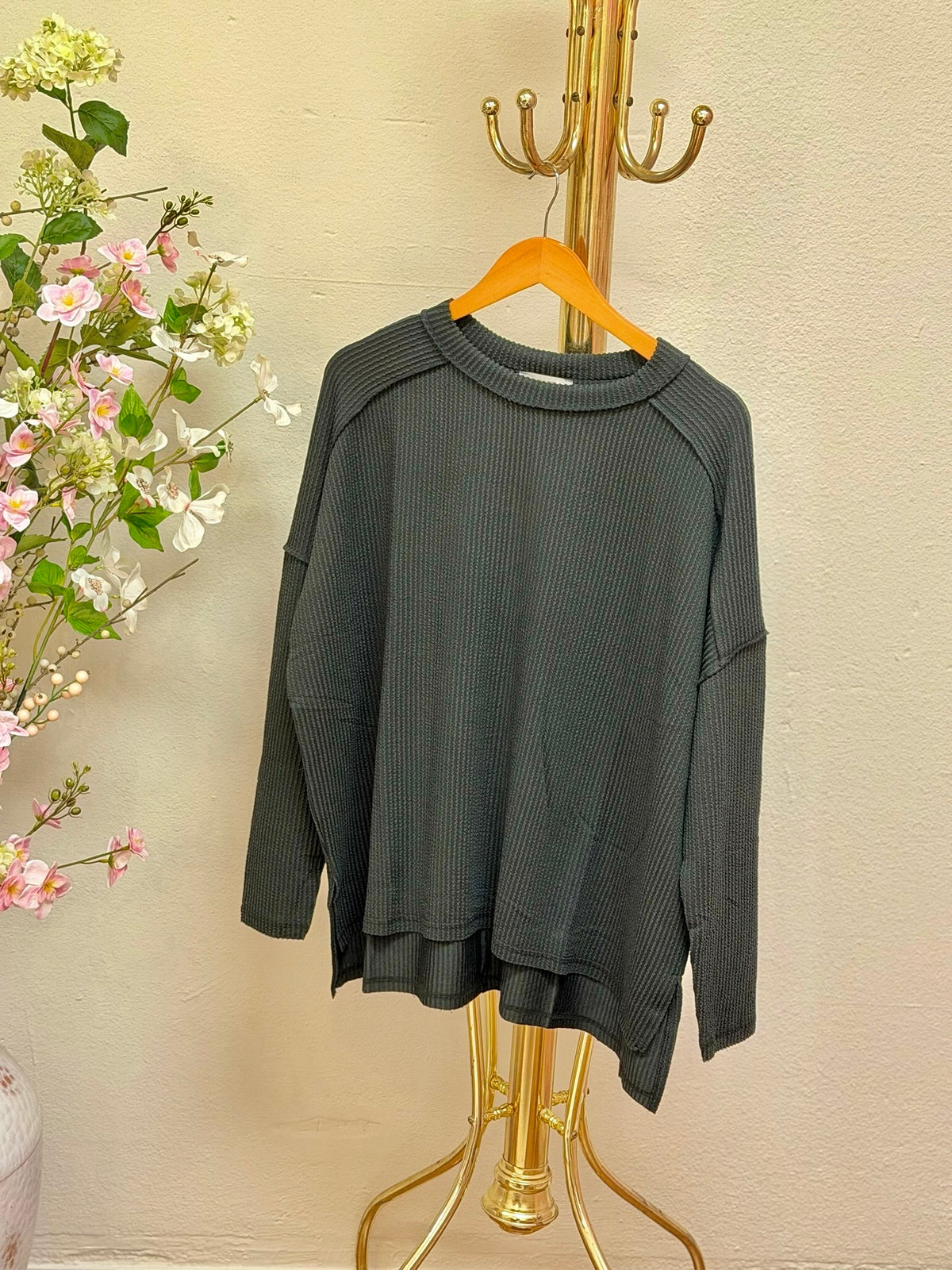 Raised Rib Boat Neck Long Sleeve Top