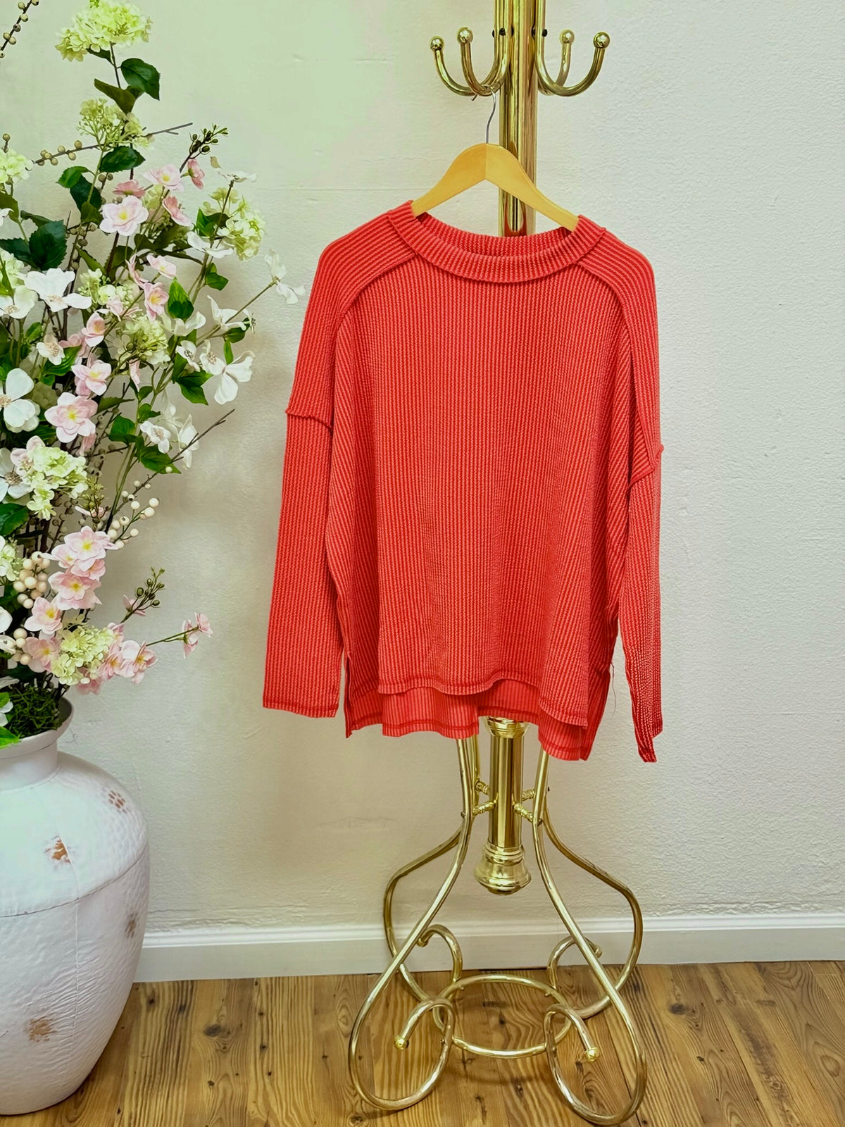 Raised Rib Boat Neck Long Sleeve Top