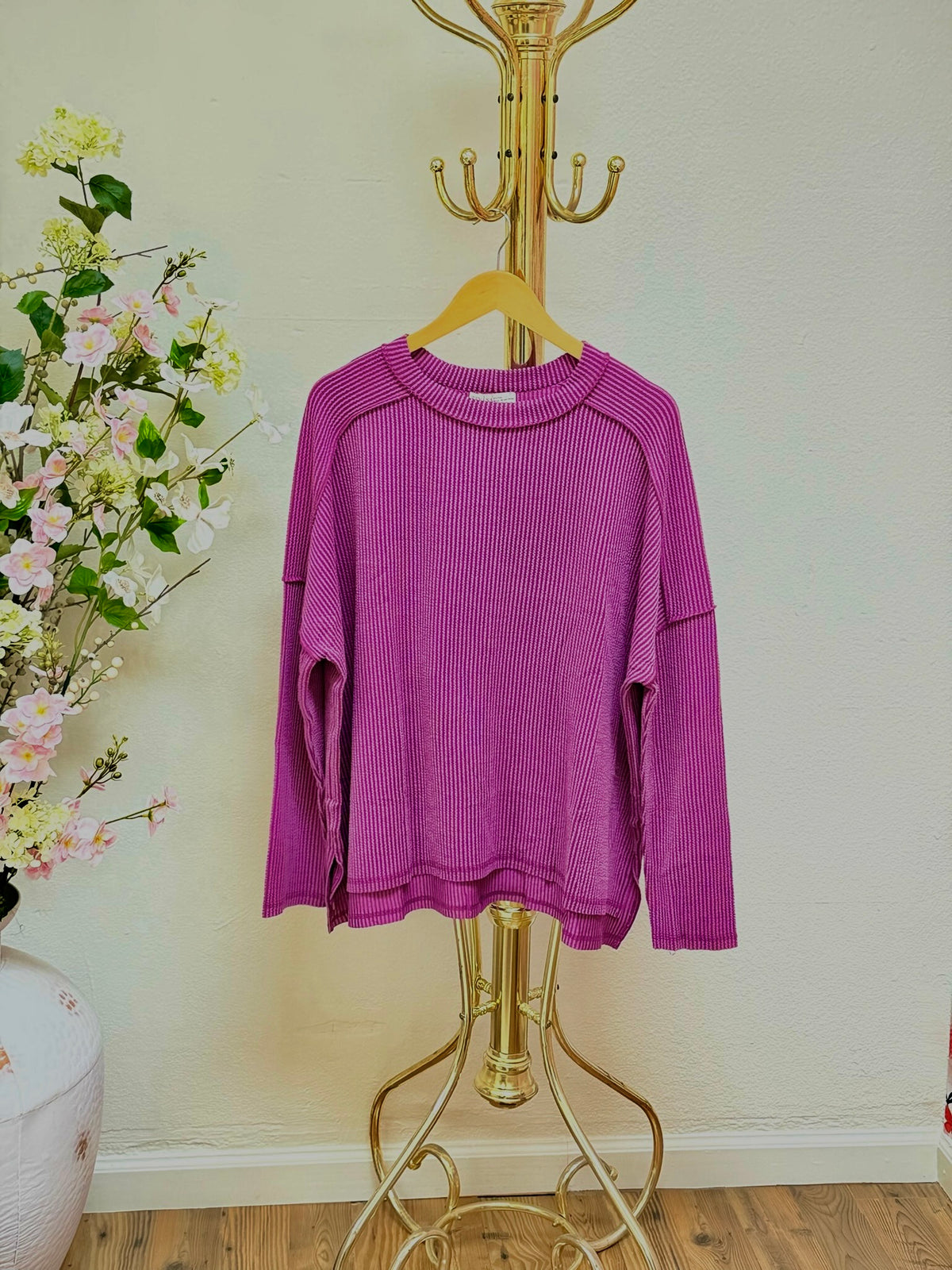 Raised Rib Boat Neck Long Sleeve Top