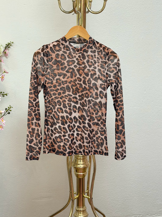 Leopard Mock Neck Mesh Top