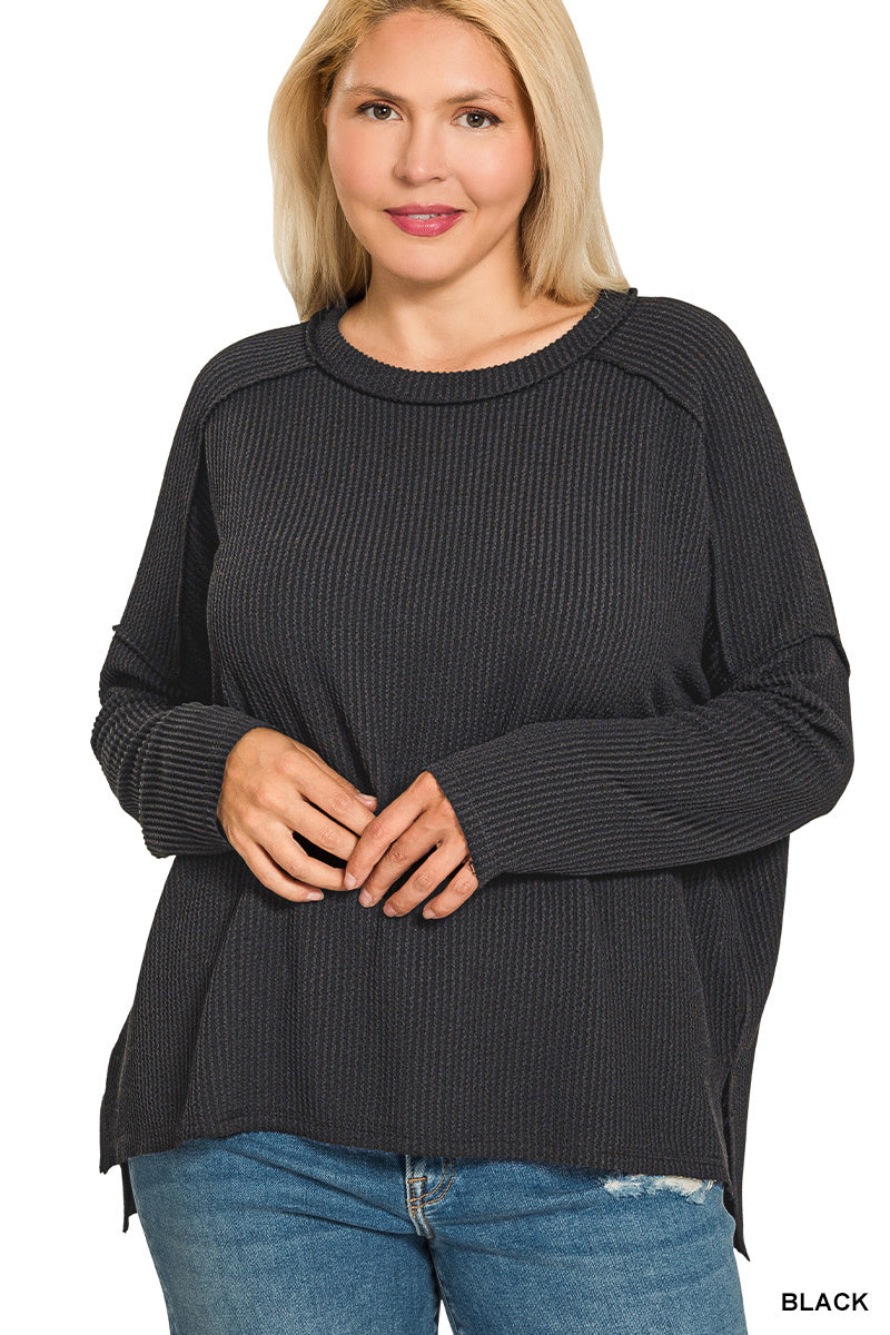 Raised Rib Boat Neck Long Sleeve Top