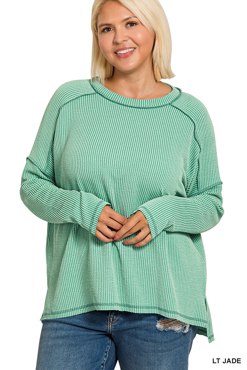 Raised Rib Boat Neck Long Sleeve Top