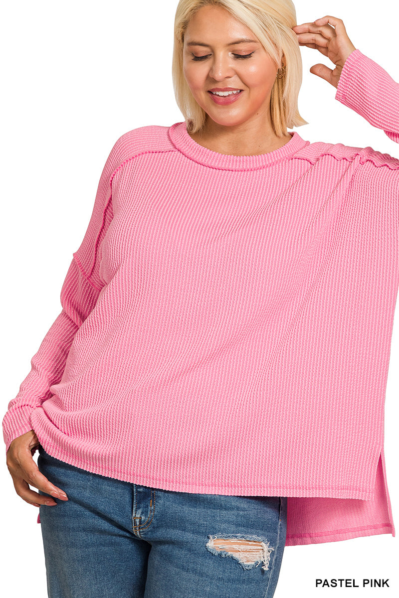 Raised Rib Boat Neck Long Sleeve Top