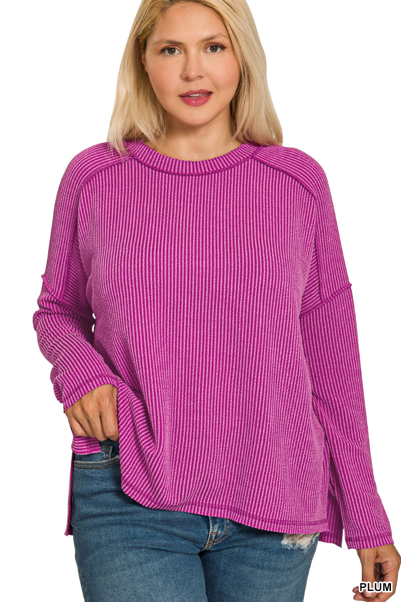 Raised Rib Boat Neck Long Sleeve Top