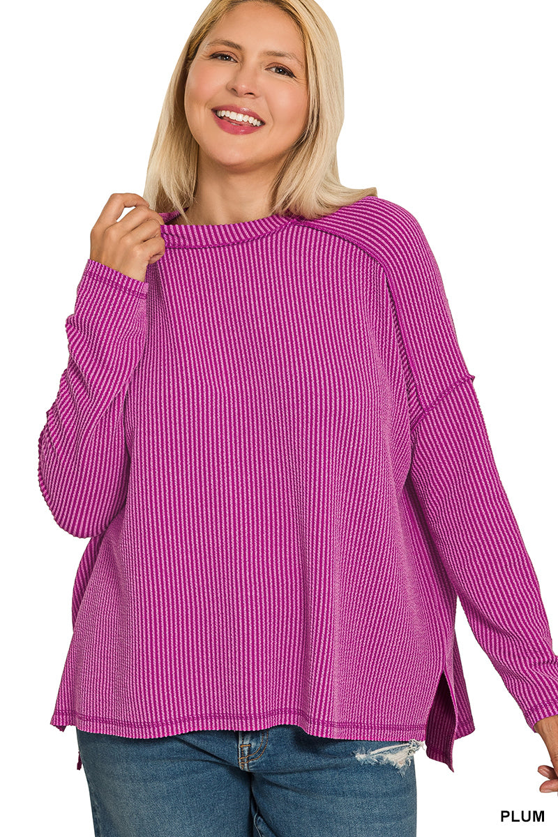 Raised Rib Boat Neck Long Sleeve Top
