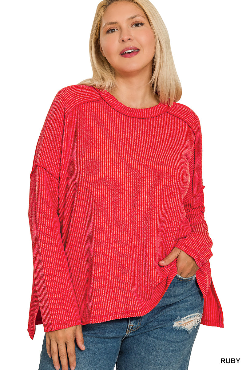 Raised Rib Boat Neck Long Sleeve Top