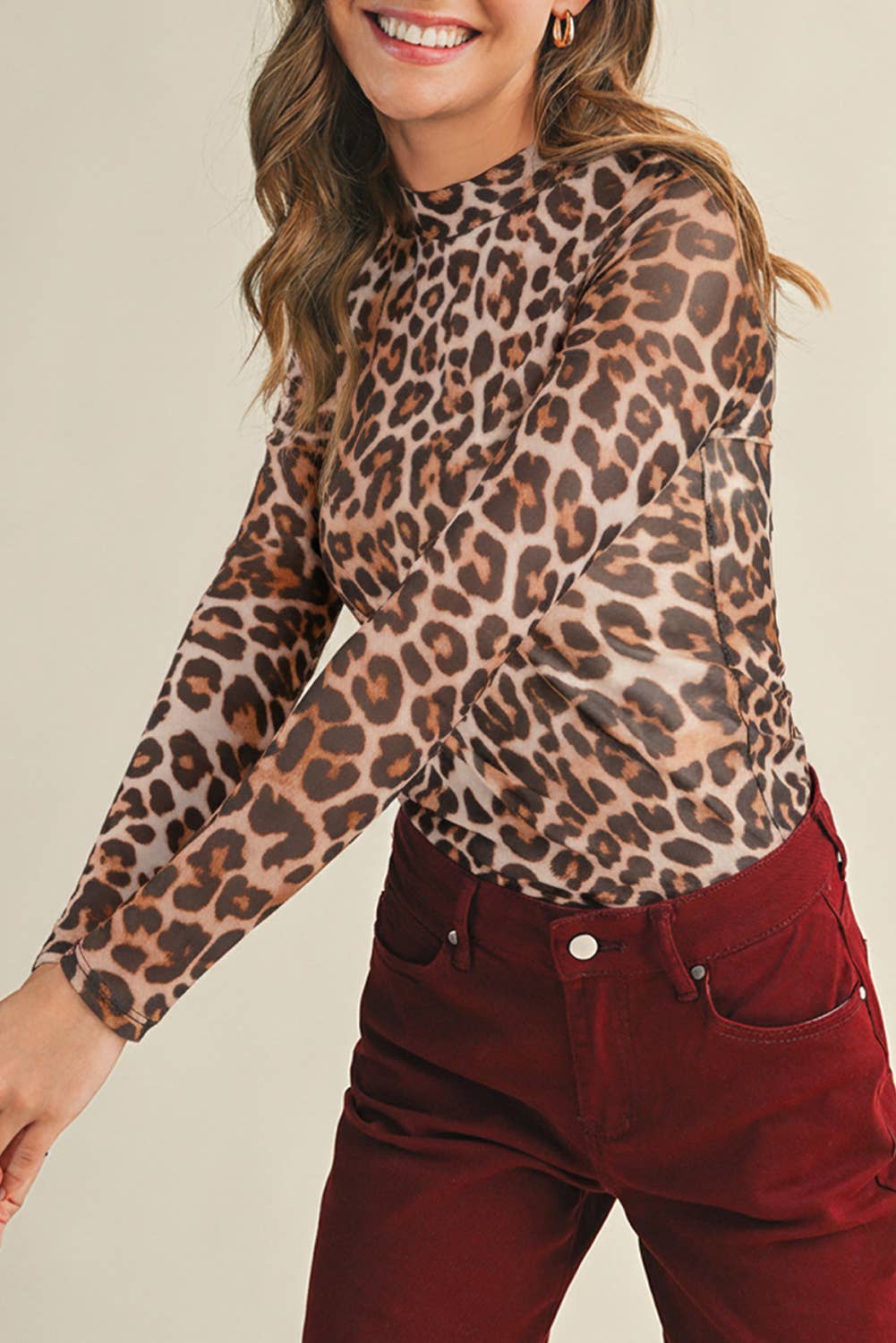 Leopard Mock Neck Mesh Top
