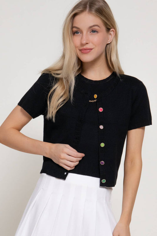 Short Sleeve Crew Neck Cardigan with Gemstone Button